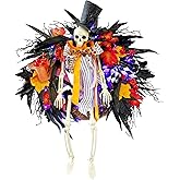 HipTree 28 Inch Halloween Skeleton Wreath for Front Door with Lights, Lighted Gothic Dark Aesthetic Door Wreath with Autumn Leaves Indoor Decorations Centerpiece Party Holiday Wall Home Decor