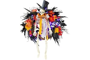 HipTree 28 Inch Halloween Skeleton Wreath for Front Door with Lights, Lighted Gothic Dark Aesthetic Door Wreath with Autumn Leaves Indoor Decorations Centerpiece Party Holiday Wall Home Decor