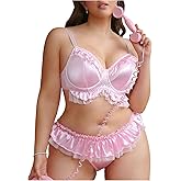 OYOANGLE Women's Plus Size 2 Piece Satin Lingerie Set Ruffle Underwire Bra and Frilly Panties Sets