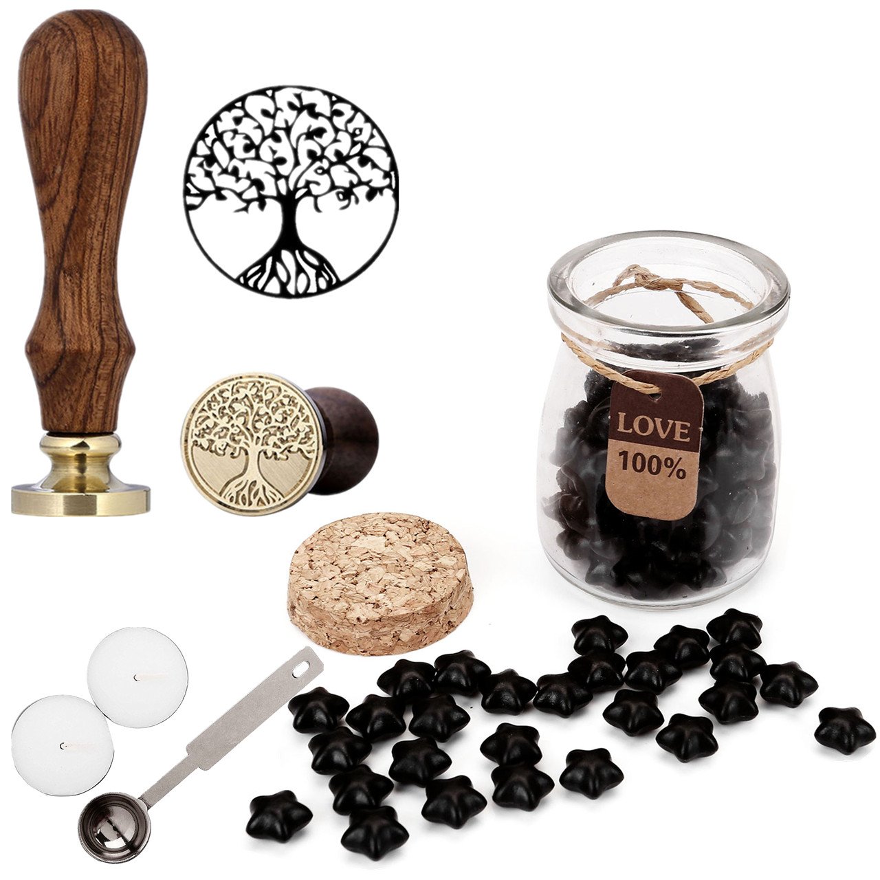 Mogoko Sigillo + Ceralacca in forma di Stella + Cera + Cera Stick Spoon Francobolli Vintage Kit per Lettera Personalizzata Timbri Personali REGALO SET - Nero