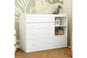 Timechee Changing Table Dresser, Baby Classic Nursery Dresser with 5 Drawers and 2 Shelves, Multi-Functional Baby Changing Table, Diaper Changing Station for Children's Room, White