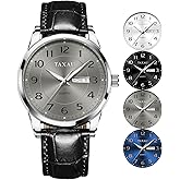 Taxau Men Dress Watch Waterproof Leather Watches for Men with Day Date Luxury Large Arabic Numerals Analog Quartz Classic Leather Watch Easy Read relojes para Hombres