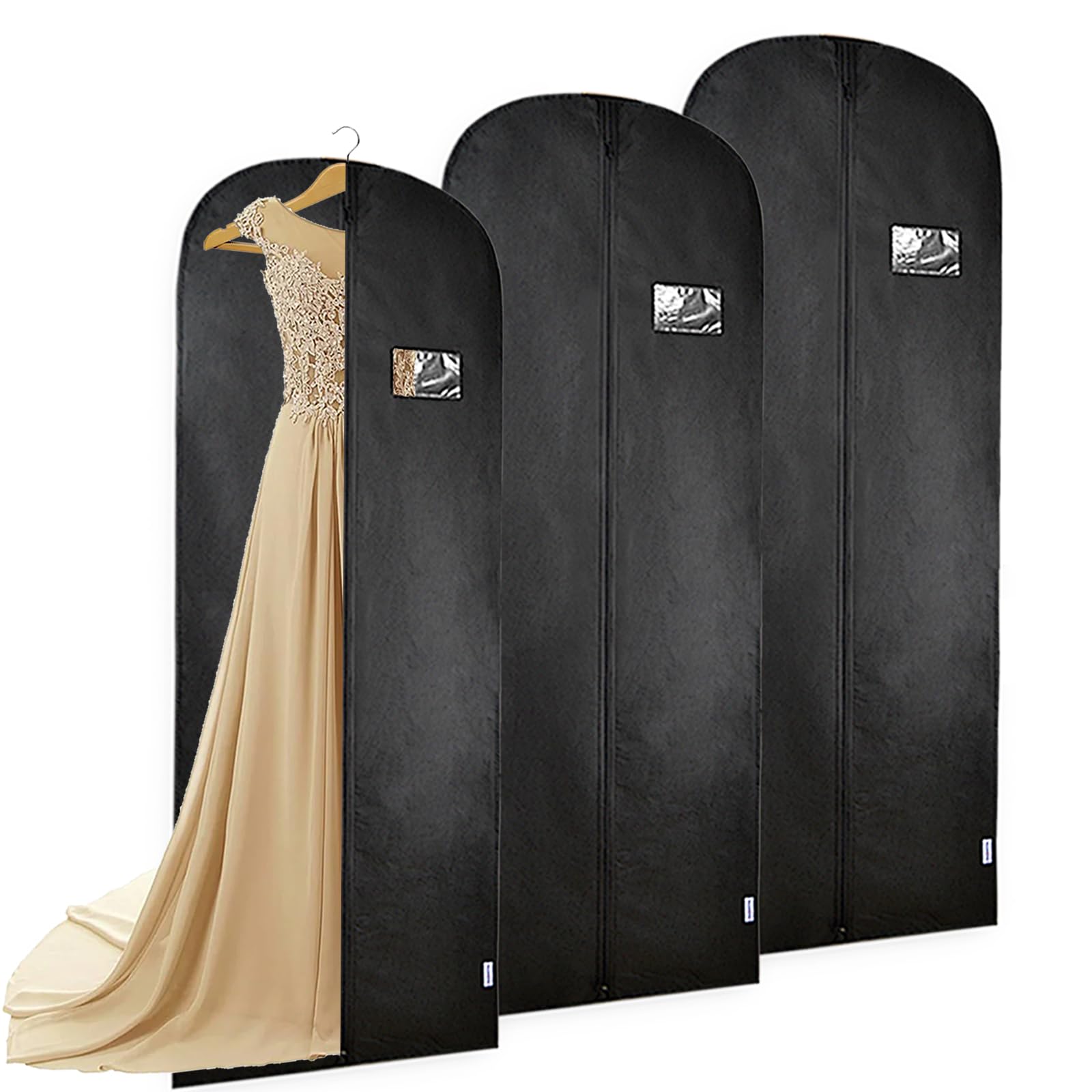 Dress Bags Covers Long, Pack of 3 Black Garment Bags, 63" Long Dress Covers Garment Bags with Zip, Breathable Dustproof Clothes Cover Protector Bags, Full Length Dress Bags for Storage and Travel