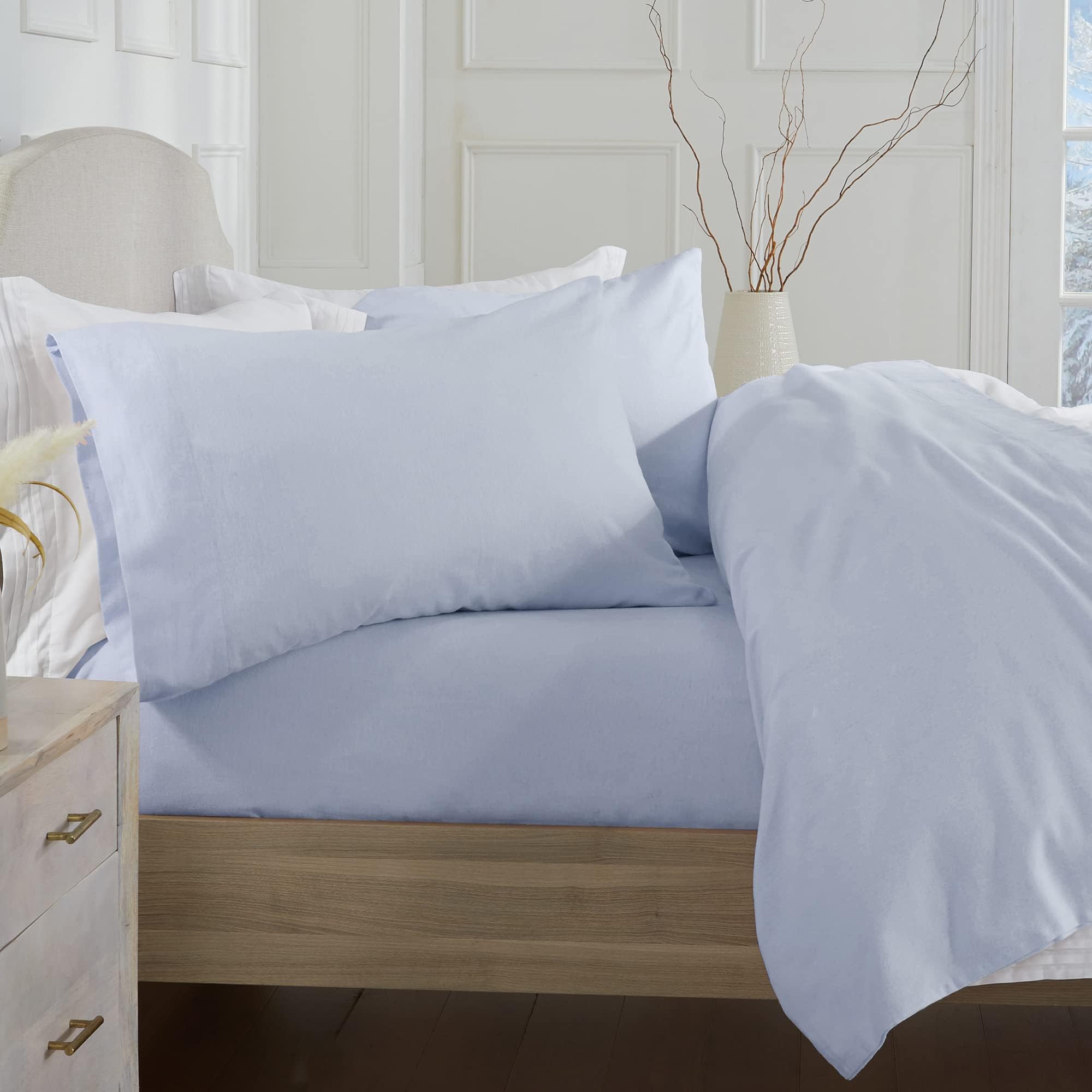 Photo 1 of Market & Place 100% Turkish Cotton Flannel Sheet Set | 4 Piece Deep Pocket Solid Cozy Winter Bed Sheets | Double Brushed for Extra Softness & Comfort | Chalet Collection (Full, Light Blue)