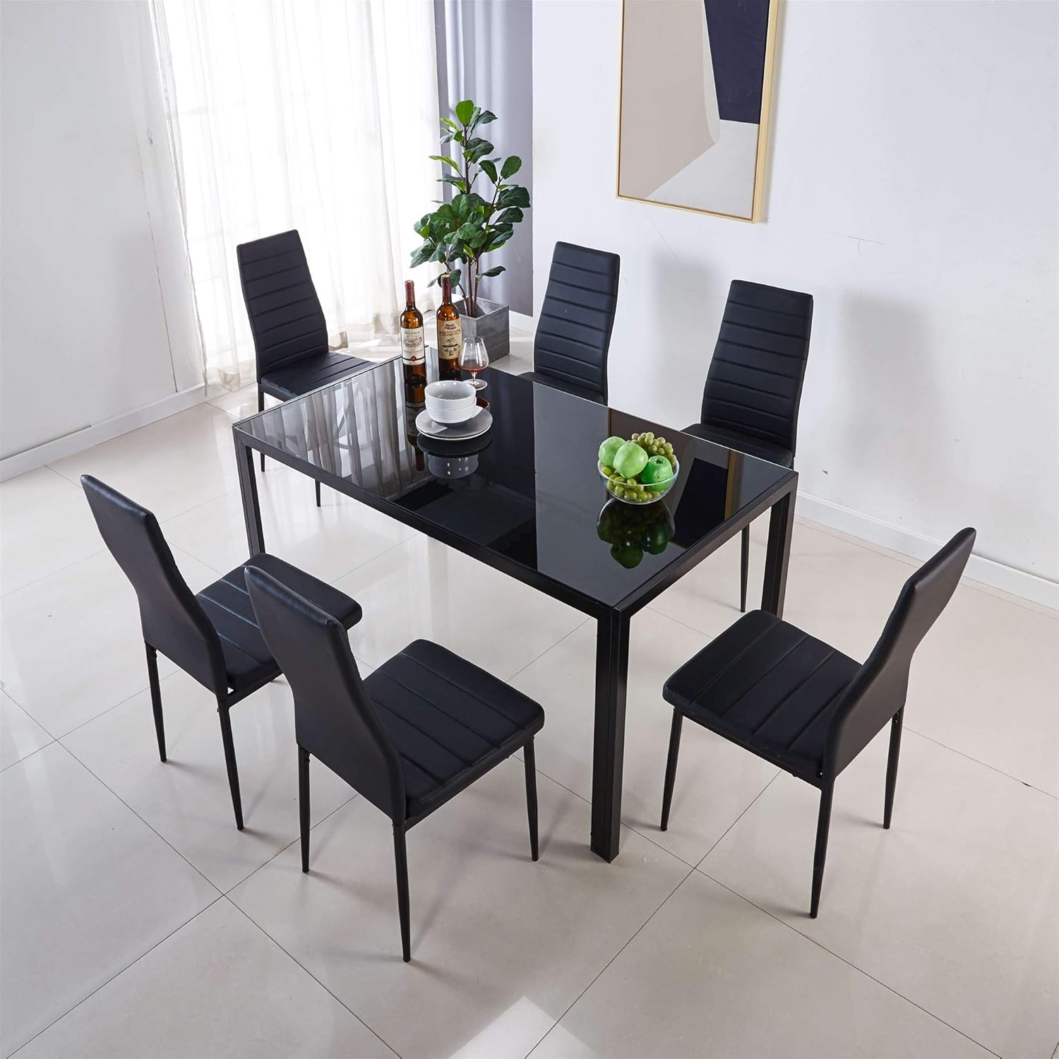 Modern Dining Table, Tempered Glass Countertop, Metal Feet