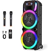 ROXAAN Dual 15'' Wireless Party Bluetooth Speaker, Portable PA Speaker Systems with 2 Wireless Microphones & Remote Control, Karaoke Machine with DJ Lights, TWS, REC, FM Radio, Treble Adjustment