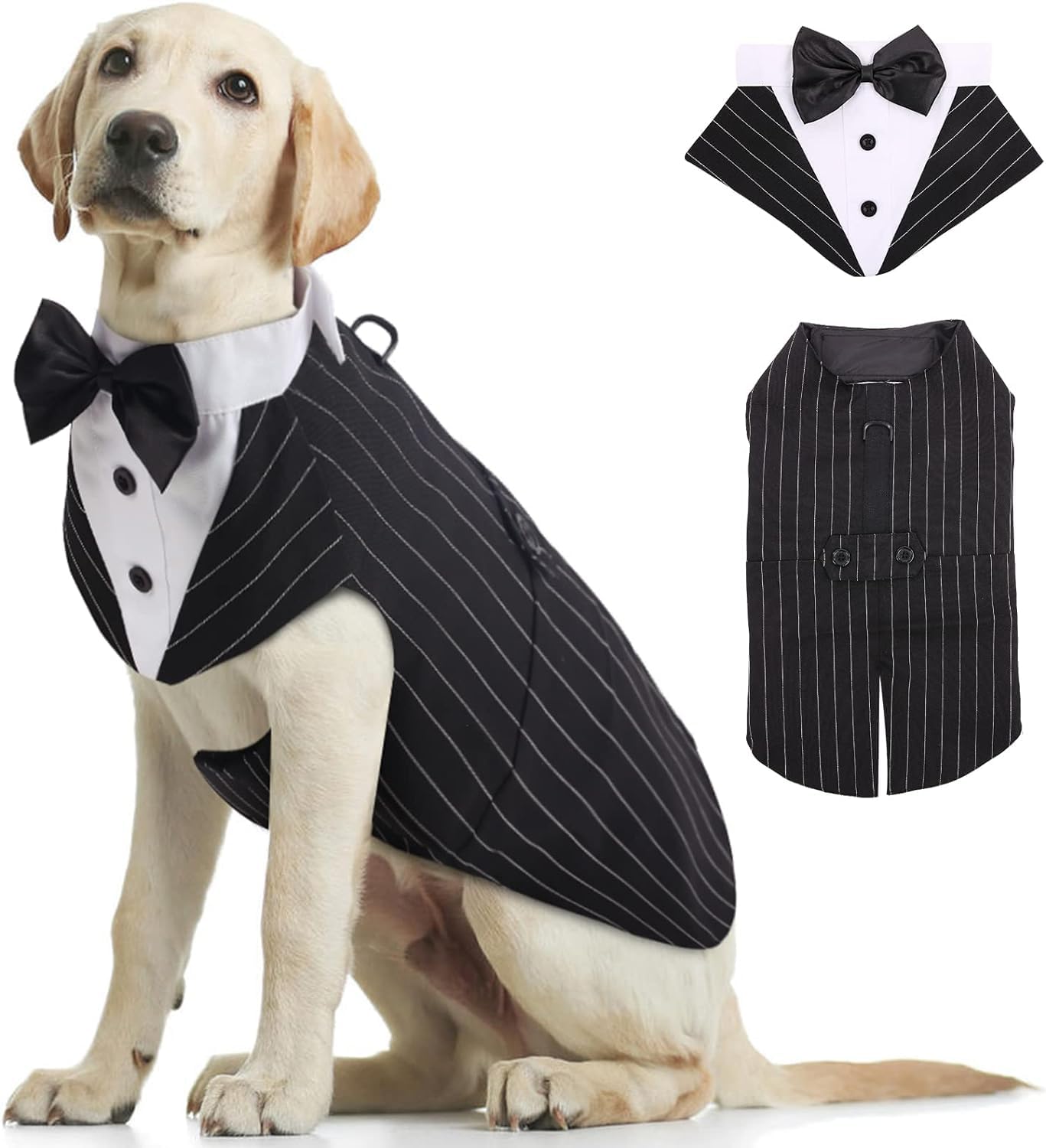 Kuoser Dog Tuxedo, Dog Wedding Suit and Bandana Set, Pet Clothes Puppy Formal Shirt with Removable Bow Tie, Doggie Costume Small Medium Large Dogs Outfit for Party Birthday Festival