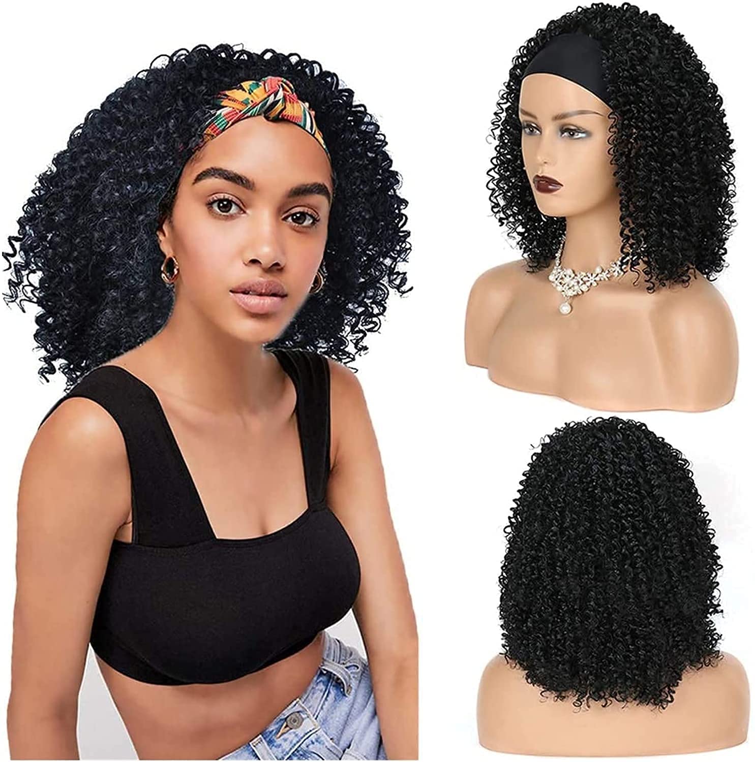 Headband Wigs for Women - Short Black Afro Kinky Curly Synthetic Wig 2 in 1 Full Wig With Headband (16'')
