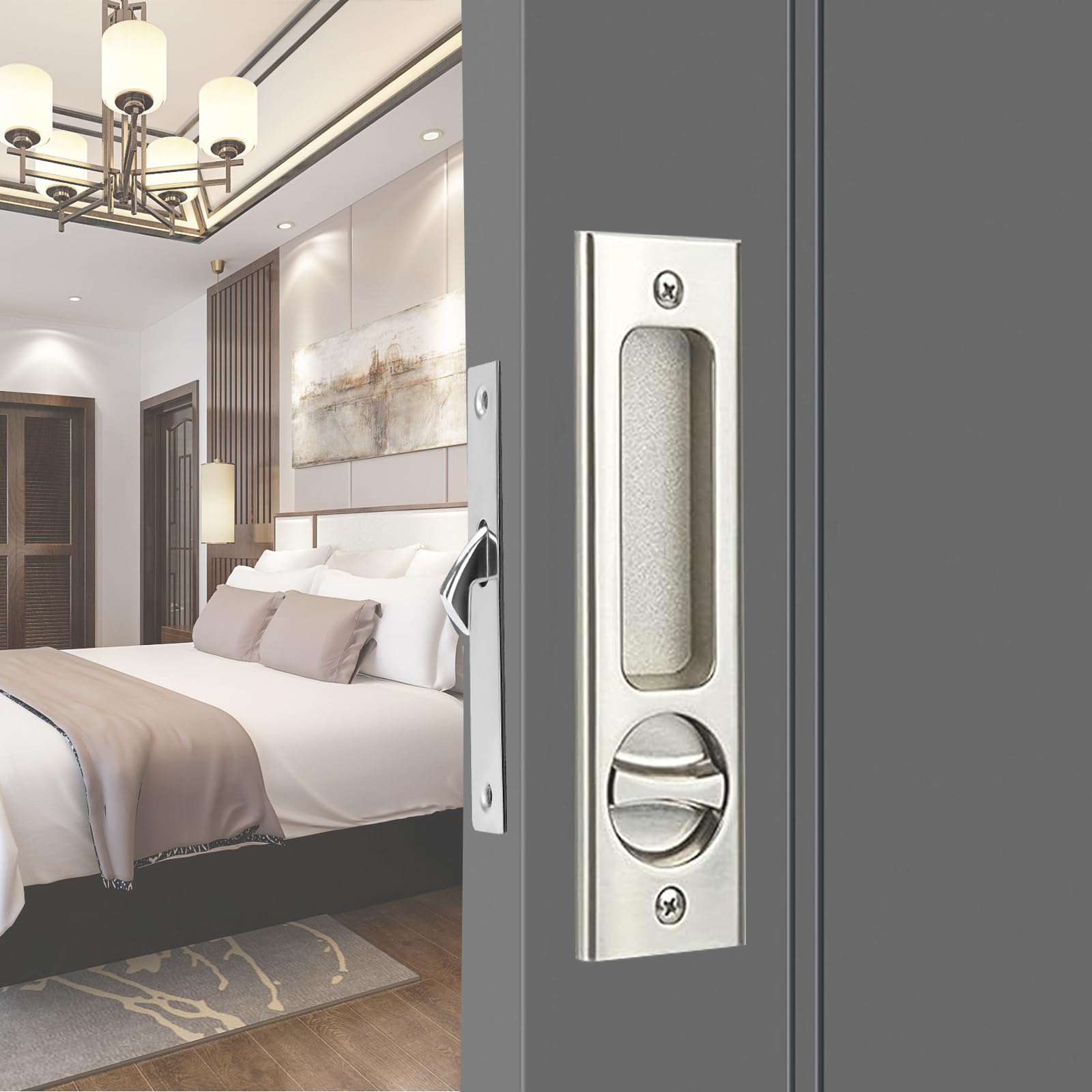 betensh Sliding Door Handle - Pocket Door Lock with Invisible Recessed Handle,160 mm,with Key,Silver