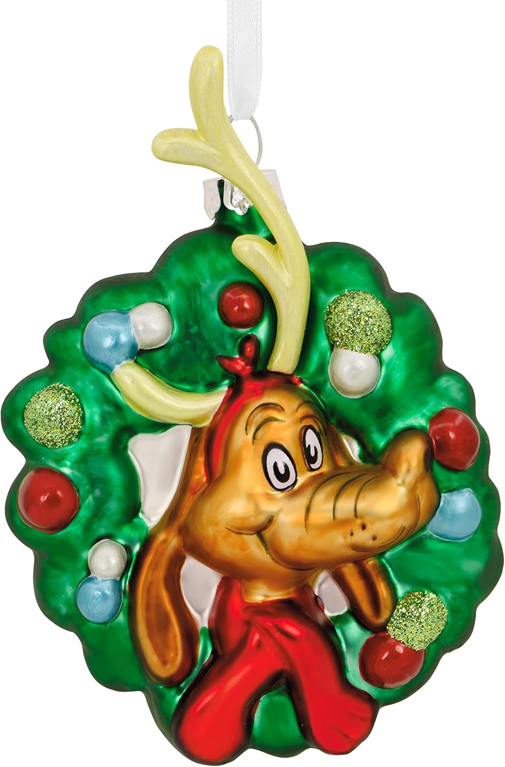 Ornaments - Hallmark Dr. Seuss How The Grinch Stole Christmas! Max in Wreath Blown Glass Christmas Ornament (0003HCM1055)