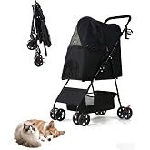Pet Stroller for Small Dogs Cats, Lightweight Foldable Dog Stroller-Black | 33lbs, 4 Wheels All Terrain Cat Stroller, Breathable Mesh &amp; Safety Tether, Storage Basket for Outdoor Walks