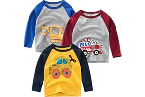 SUPFANS Toddler Boys 3-Pack Long Sleeve Excavator T-Shirt 100% Cotton Basic Tops Car Shirt
