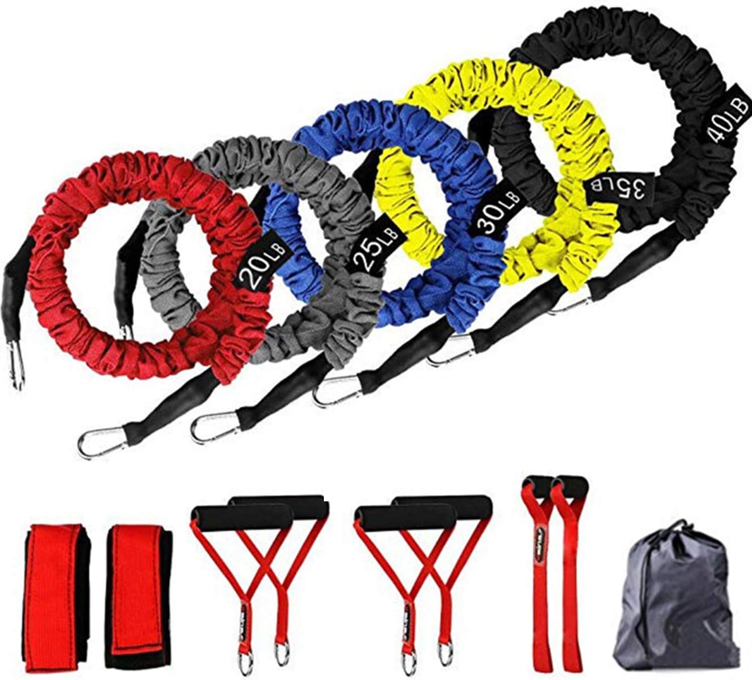 Resistance Bands, 11 Pieces Exercise Elastic Bands Set, 20lbs to 40lbs Resistance Tubes with Heavy Duty Protective Nylon Sleeves Anti-Snap for Fitness-5 Bands Door Anchors Ankle Strap Handles Bag