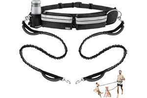 ETACCU Hands Free Dog Leash, Dog Walking Belt for 2 Dogs with Dual Padded Handles and Retractable Bungees, Reflective Waist Leash for Dog Walking Running Hiking Jogging Biking (Black)