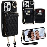 Keallce Case for iPhone 16 Pro 6.3'' Wallet Case, Crossbody Zipper Purse with Wristlet for Women, RFID Blocking Card Holders, 360° Ring Kickstand Flip Leather Case for iPhone 16 Pro, Black