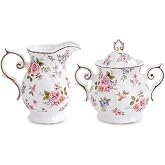 Agyiuns Sugar and Creamer Set Ceramic, Creamer Pitcher and Sugar Bowl with Lid, Creamer Pitcher with Handle,Sugar Cube Dish Coffee or Tea (White with small flowers)