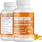 Magnesium Glycinate Supplement Softgels, Magnesium Glycinate 400mg with Zinc, Vitamin B6, C, D3, Pure Magnesium for Sleep, Calm, Muscle, Energy, Heart Support - 60 Vegan Capsules for Women & Men