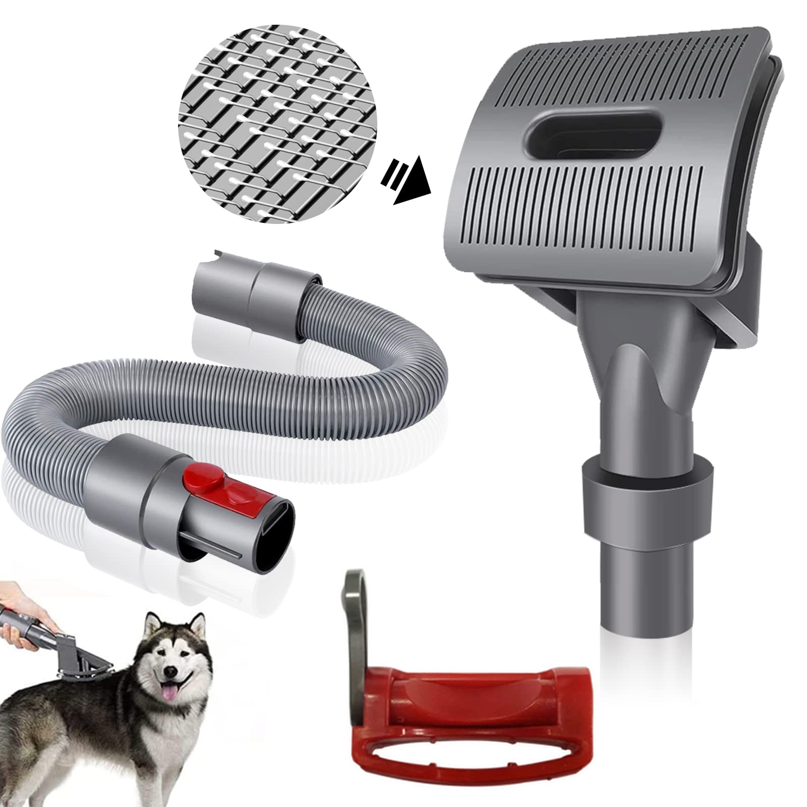 Set of 3 Groom Tool Pet Vacuum Attachment, TEPULAS Dog Vacuum Brush Compatible with Dys0n V15 V12 V11 V10 V8 V7 Vacuum Cleaners with Trigger Lock and Extended Vacuum Hose for Medium Large Cats Dogs