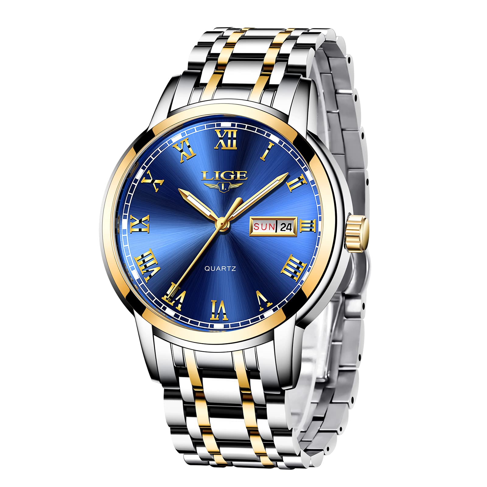 LIGE Mens Watches Sport Stainless Steel Analogue Quartz Waterproof Wrist Watch Fashion Design with Blue Dial Business Scratch Resistant Watch for Men