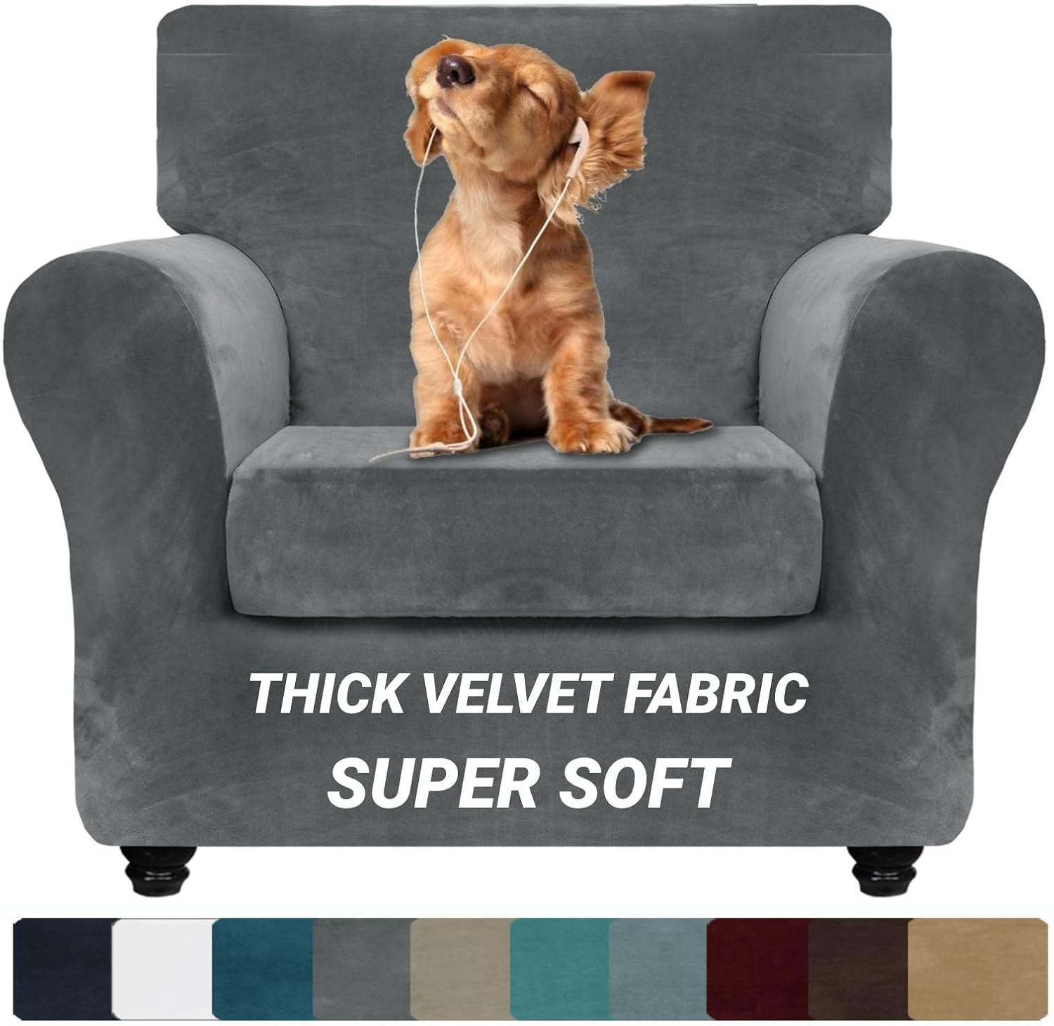 Slipcovers - ZNSAYOTX Luxury Velvet Chair Slipcovers with Arms 2 Piece Stretch Chair Covers for Living Room Thick Soft Armchair Slipcover Anti Slip Dog Pet Friendly Furniture Protector (Grey),32