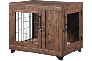 beeNbkks Furniture Style Dog Crate, Double Doors Wooden Wire Dog Kennel End Table, Pet Crate with Soft Bed, Decorative Dog House Pet Furniture Indoor Use