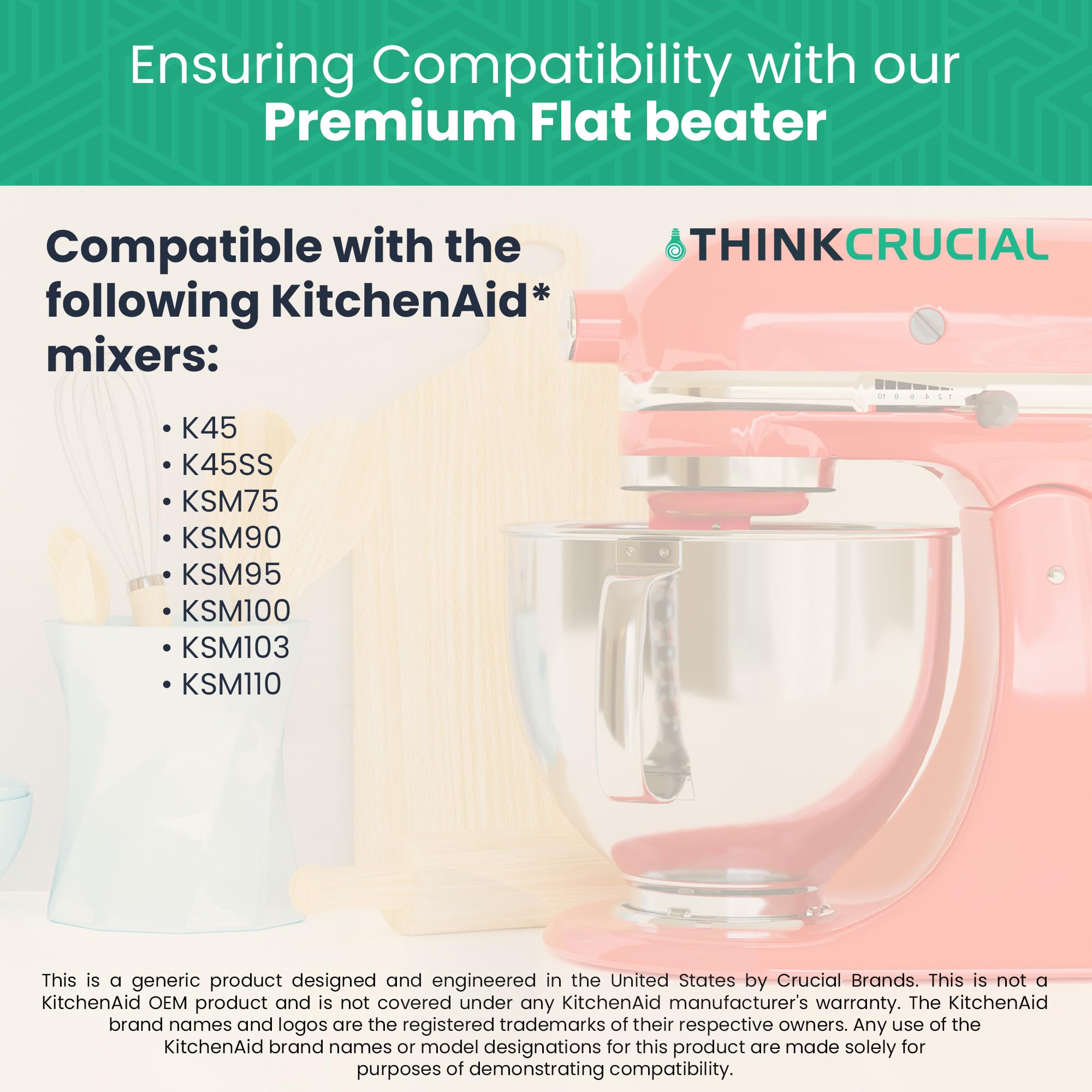 Think Crucial Flat Beater Replacement Parts - Compatible With KitchenAid, Fits 4.5 Quart Tilt Head - Fits KitchenAid Models K45, K45SS, KSM75, KSM90, KSM95, KSM100, KSM103, KSM110 - 1 Pack