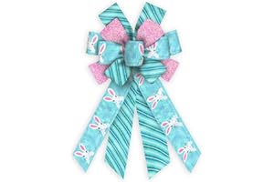 Threetols Easter Wreath Bows, Blue Glitter Bows for Wreath Easter Bunny Stripe Decorative Bows for Front Spring Easter Pink Ornaments Hanging Wreath Bow for Indoor Outdoor Decor