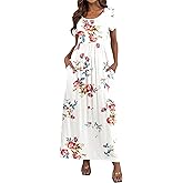 HAOMEILI Women's Short Sleeve Floral Dress Loose Plain Maxi Dresses Casual Long Dresses with Pockets(Print White M)