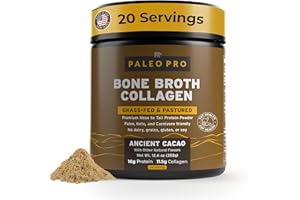 PALEO PRO PaleoPro Bone Broth Collagen Protein Powder - Turmeric Root Grass-Fed Collagen Powder for Skin & Bones - Gluten Free, No Sugar, Soy, Grains, Net Carbs - Paleo & Keto Friendly 20 Servings Ancient Cacao