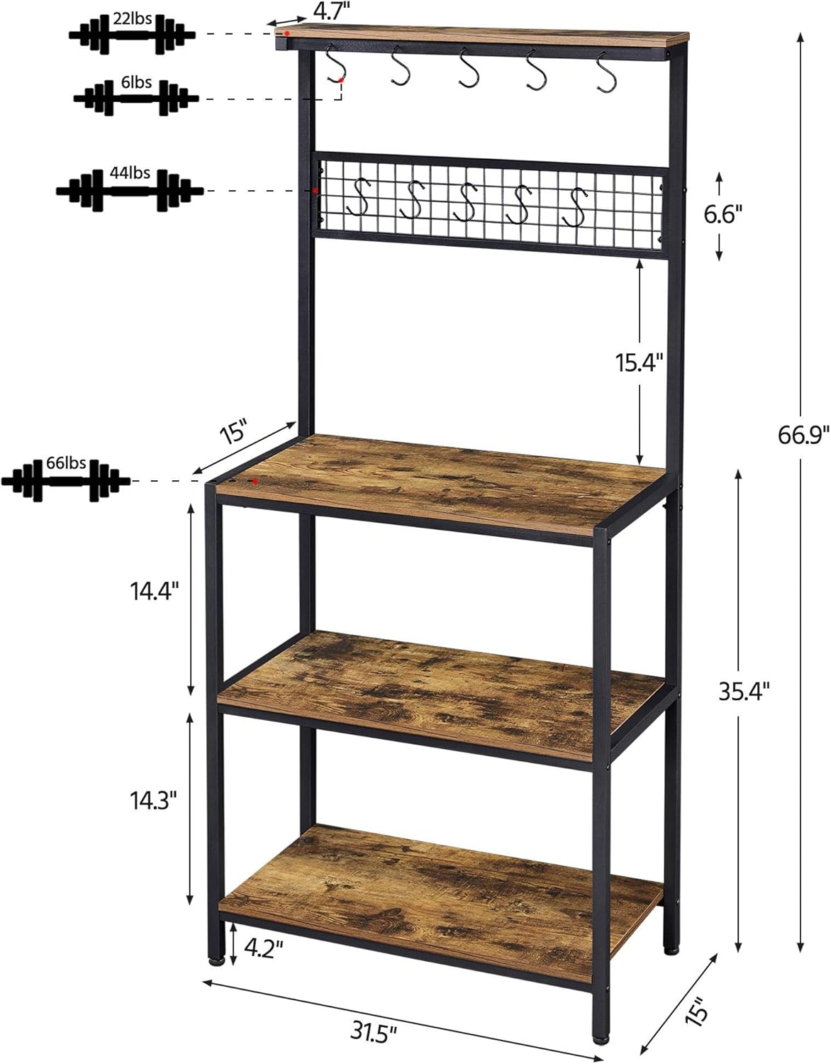 Yaheetech Industrial Kitchen Bakers Rack, 4 Tier Microwave Oven Stand Organizer, Mesh Panel with 10 Hooks, Standing Cupboard with Storage Shelves, Stable Metal Frame, Easy Assembly: Kitchen & Dining
