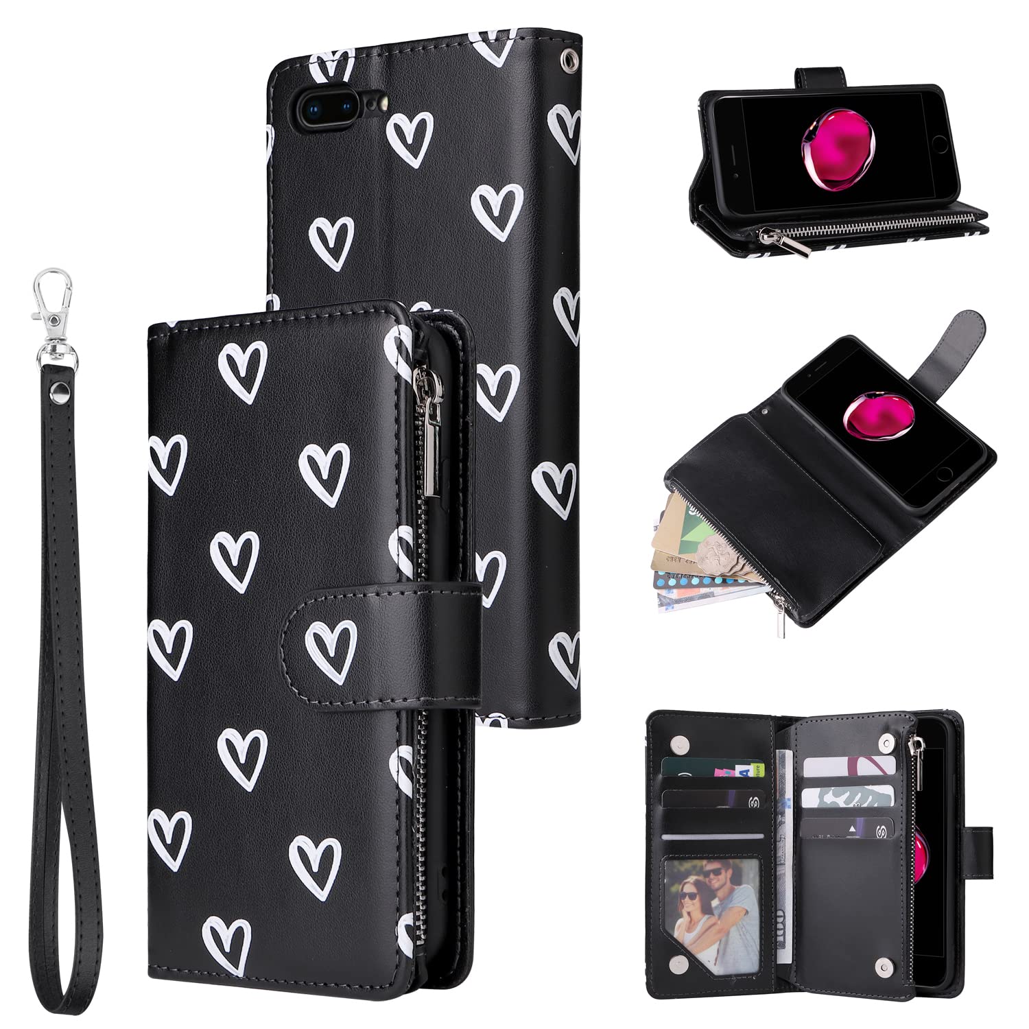 UEEBAI Wallet Case for iPhone 7 Plus/iPhone 8 Plus, Premium Vintage PU Leather Magnetic Closure Handbag Zipper Pocket Case Kickstand Card Holder Slots Wrist Strap TPU Shockproof Flip Cover - Black