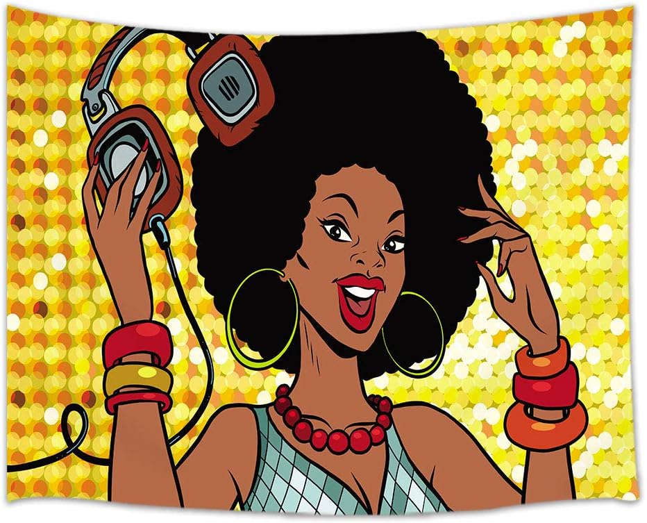 DYNH African American Woman Tapestry Wall Hanging, African Girls DJ with Headphones Audio and Music Pop Art, Tapestries Art Home Decor Bedroom Living Room Dorm TV Backdrop, Beach Towels 80X60 Inches