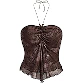 Floerns Women's Beaded Halter Ruched Lettuce Trim Ruched Cami Crop Tube Top