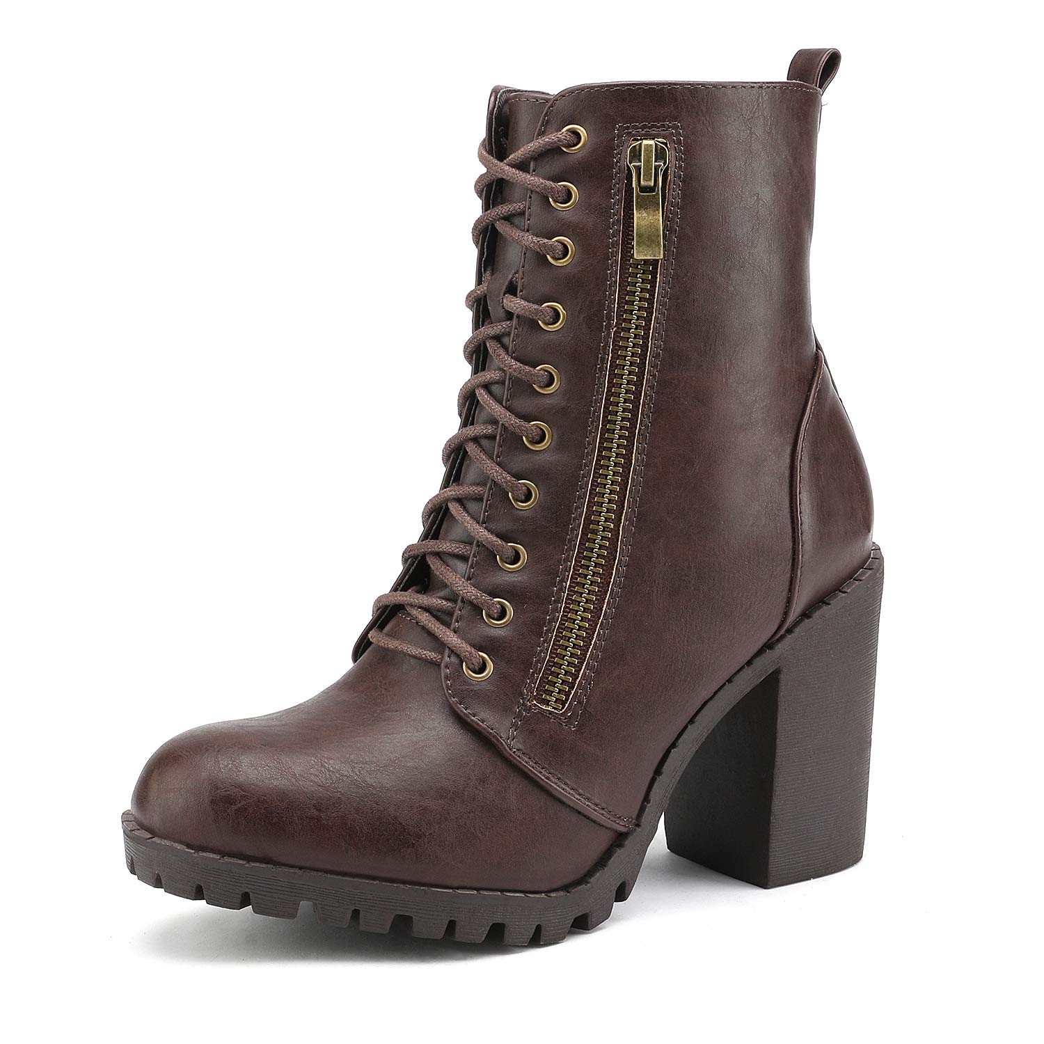 Photo 1 of DREAM PAIRS Women's Combat Ankle Boots Chunky Heel Lace up Fashion Heeled Booties,Size 7.5,Brown,SILVERADO