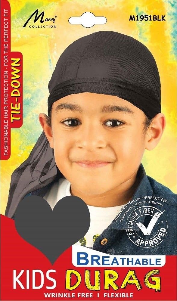 Murry Fashionable Breathable Tie-Down KIDS DURAG You Tie Wrinkle-Free #M1951BLK