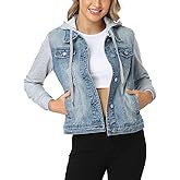 MISS MOLY Women's Hooded Jean Jacket Drawstring Layered Washed Long Sleeve Sweatshirt Hoodie Denim Jacket w 2 Pockets