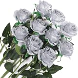 Veryhome 10 Pcs Artificial Roses Silk Flowers Single Stem 50cm Silver