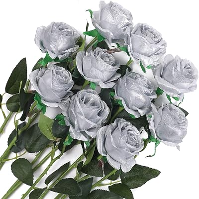 Veryhome 10 Pcs Artificial Roses Silk Flowers Single Stem 50cm Silver