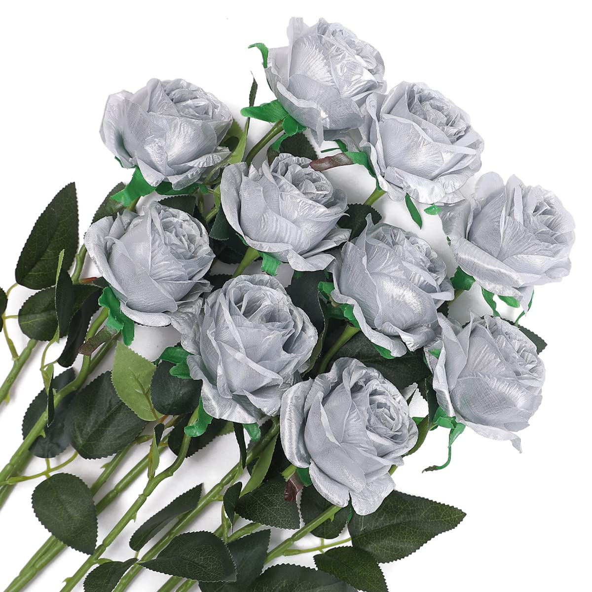 Veryhome 10 Pcs Artificial Roses Silk Flowers Fake Single Stem Blooming Rose Bridal Bouqets For Wedding Home Birthday Party Arrangment Garden Decoration (Silver)