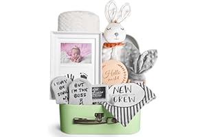 IAOVUEBY Baby Shower Gifts for Girls Boys, 9PCS Baby Gift Set, New Baby Gift Basket Includes Babies Lovey Blanket Footprint Keepsake Frame Bunny Toy Infant Bibs Socks, Newborn Essential Gender Reveal Gift