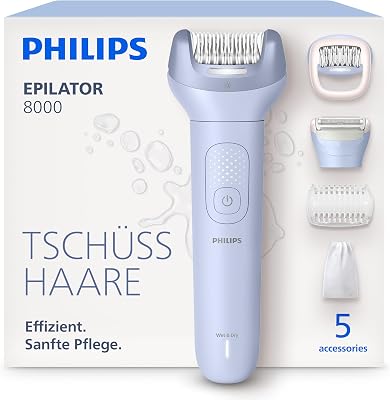 Epilierer Series 8000 - Kabelloser Epilierer für Nass- und Trockenanwendung, Haarentfernung für Beine und Körper, mit ProGuide, 5 Zubehörteile, 60 Min. Akku, Modell BRE709/00