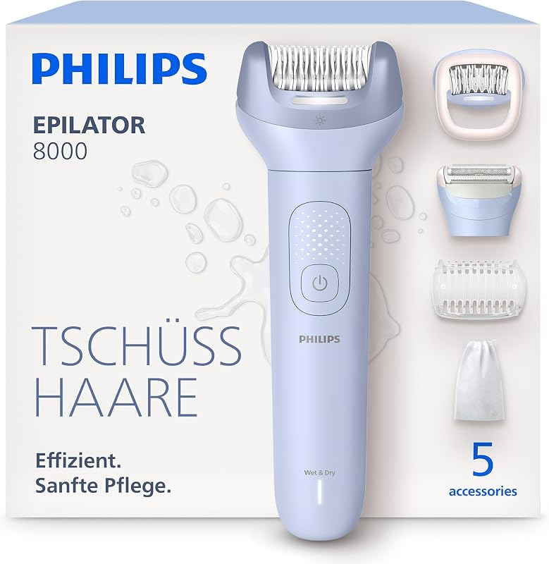 Epilierer Series 8000 - Kabelloser Epilierer für Nass- und Trockenanwendung, Haarentfernung für Beine und Körper, mit ProGuide, 5 Zubehörteile, 60 Min. Akku, Modell BRE709/00