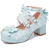 LUXMAX Women's Kawaii Shoes Cross Strap Pumps Cute Ankle Strap Mary Jane Shoes Wedding Lace Mid Chunky Heel Pumps