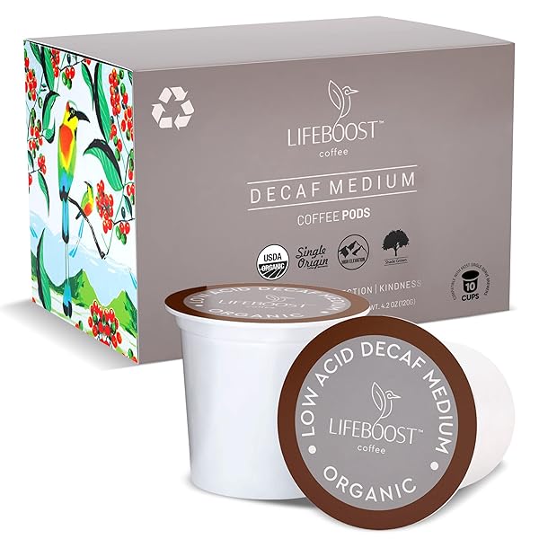 LIFEBOOST ORGANIC DECAF COFFEE K CUPS – LOW ACID SINGLE ORIGIN NON-GMO MOLD FREE DECAF COFFEE PODS COMPATIBLE WITH KEURIG & KEURIG 2 – THIRD PARTY TESTED FOR MYCOTOXINS AND PESTICIDES – 10 COUNT