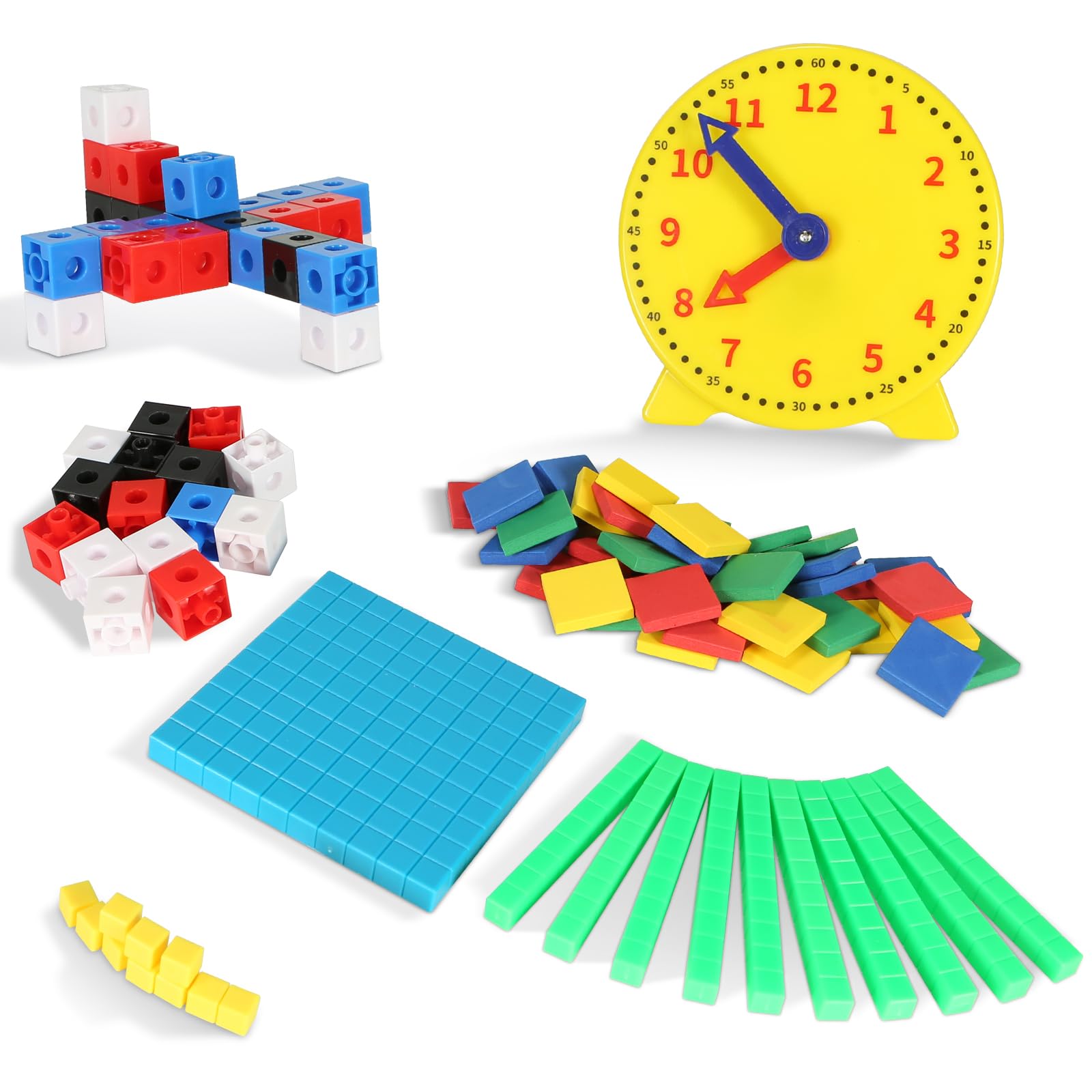 TOMMYHOME Essential Preschool Kindergarten Learning Set, Collection of Clocks, Cubes, Blocks Stacking Toys for Boys&Girls Aged 3 4 5 6 Years.