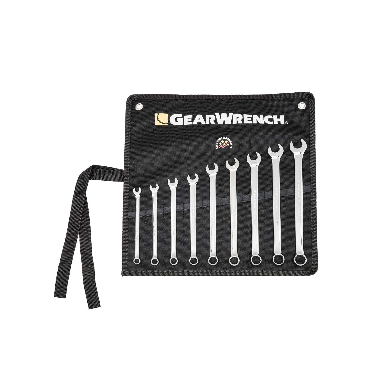 GearWrench Long Pattern Combination Metric Wrench Set with Tool Roll 9 Pc., 12 Point - 81932