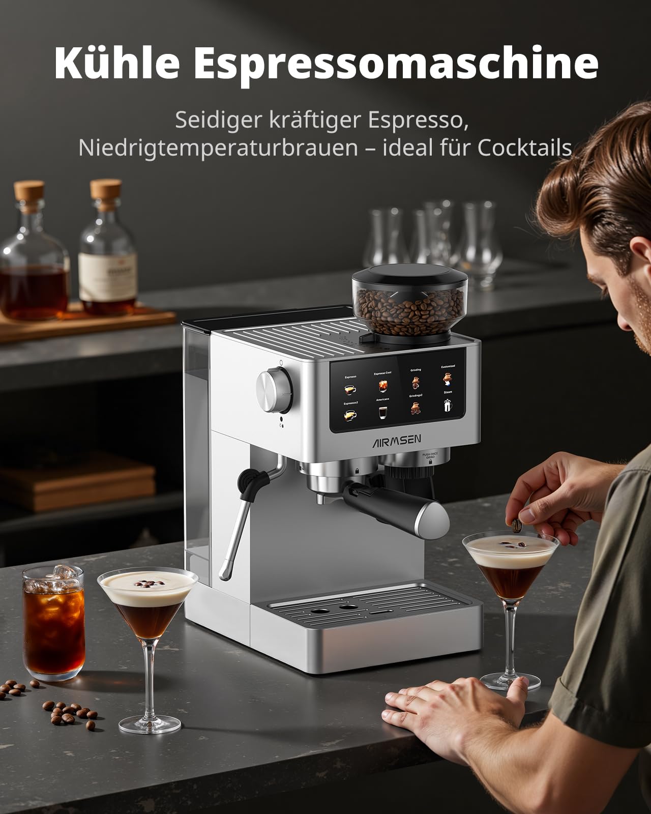 AIRMSEN 20 Bar Siebträgermaschine mit Kegelmahlwerk & Milchschäumer, 1.8L Wassertank, Edelstahl Espressomaschine Kaffeemaschine für Americano, Cappuccino und Latte 9