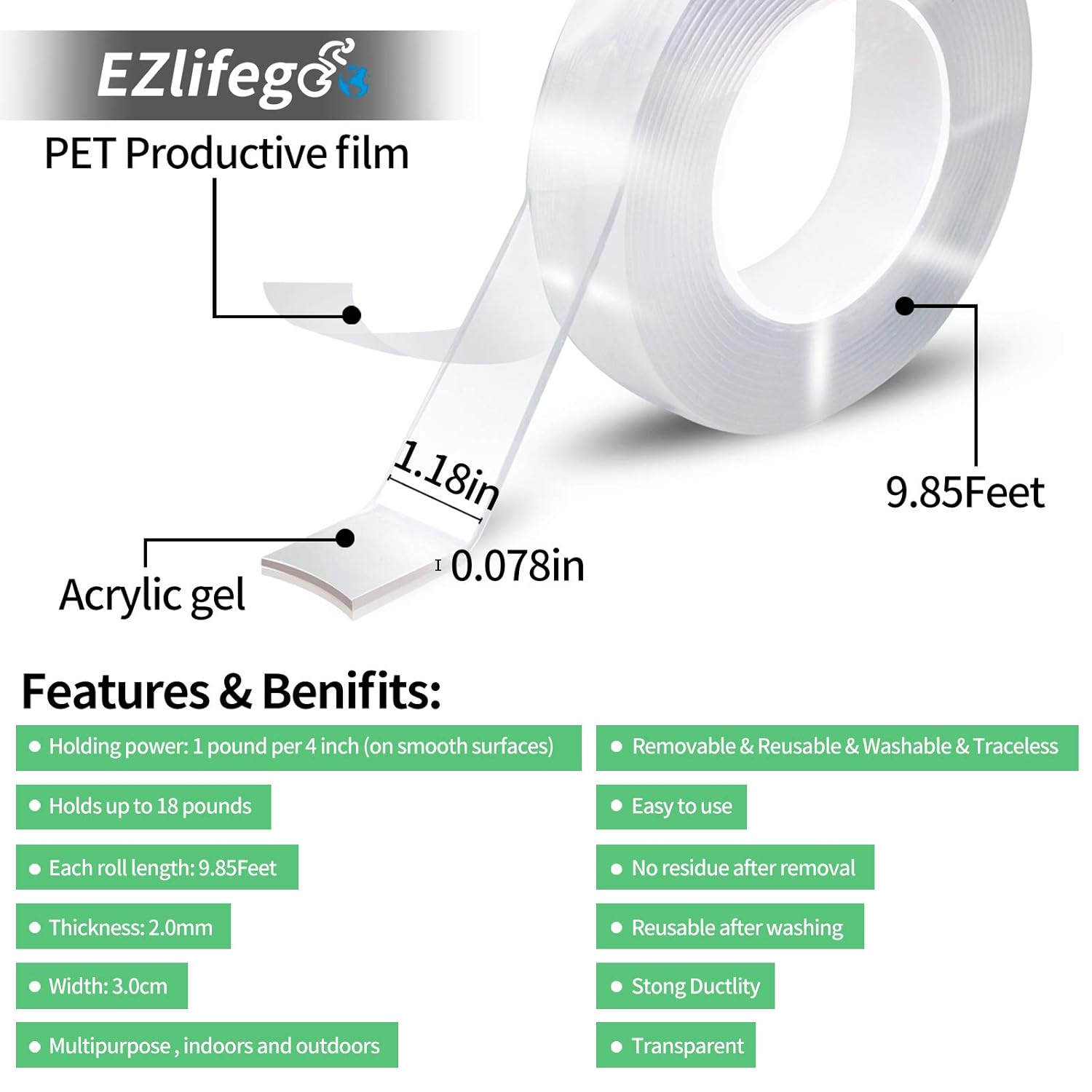 EZlifego Double Sided Tape Heavy Duty (9.85FT), Multipurpose Removable Mounting Tape Adhesive Grip,Washable Strong Sticky Wall Tape Strips Transparent Tape Poster Carpet Tape for Paste Items,Household: Industrial & Scientific