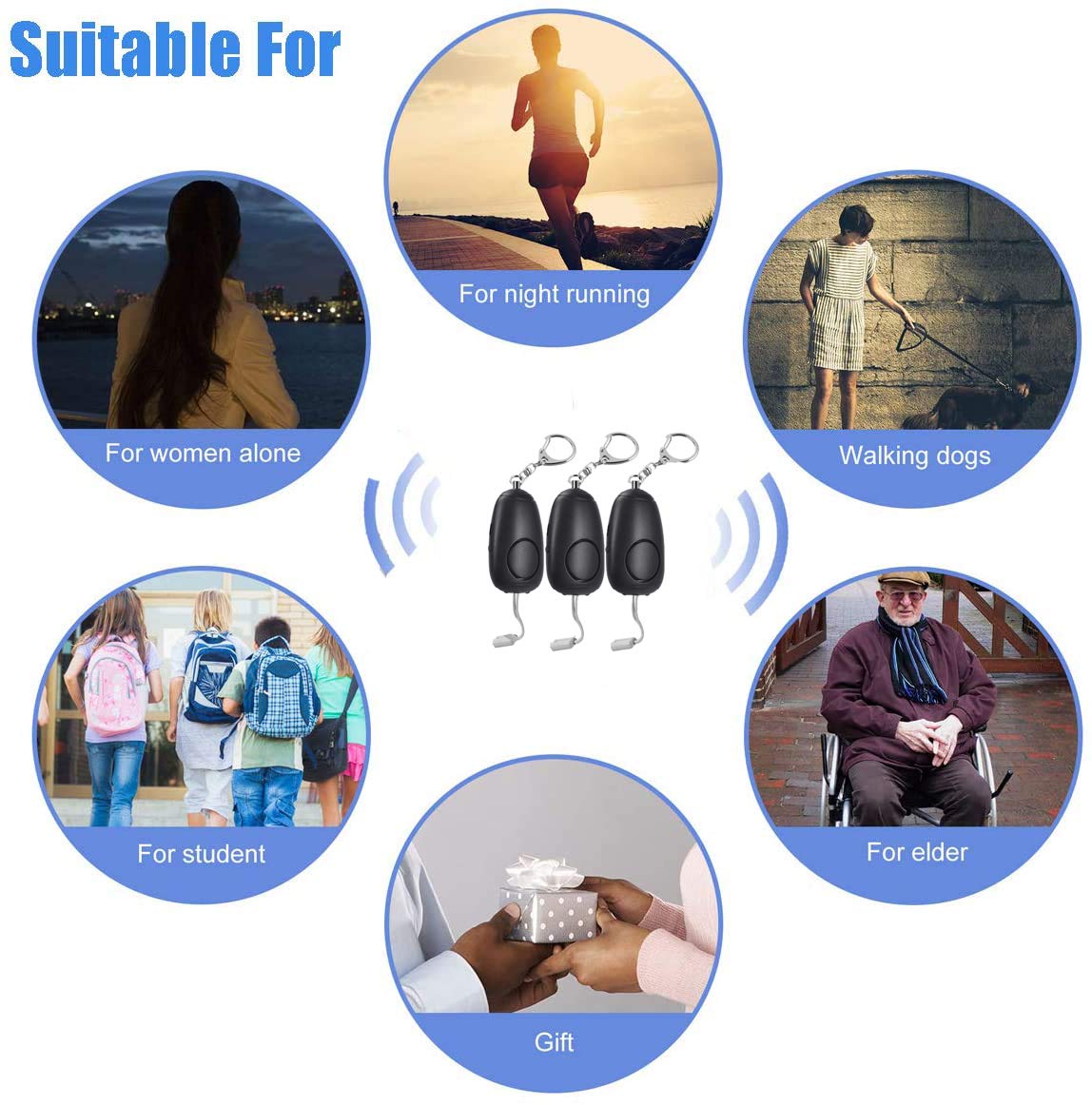 (Upgraded New Version) Safe Sound Personal Alarm, Rechargeable Emergency 130db Security Alarm Keychain Siren Song with 2 LED Lights, for Women, Men, Children, Elderly (3 Pack), Black