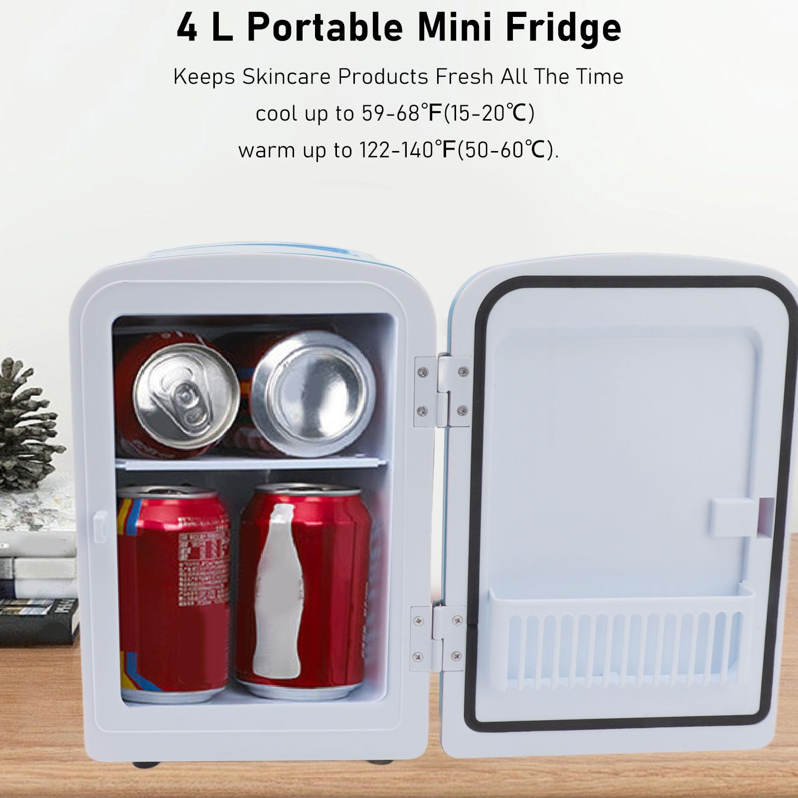 Luqeeg Mini Beauty Fridge, 4L Portable Refrigerator, Cooler Warmer Refrigerator Desktop Accessory for Home Office Dorm Travel for Skin Care Beverage Medications, DC 12V Car Plug